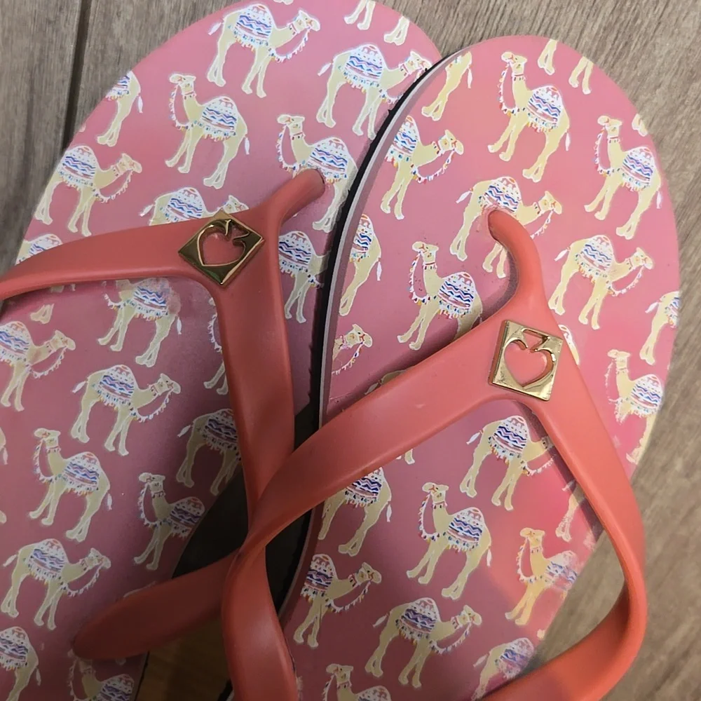Kate Spade Pink Flip Flops with camel Print
